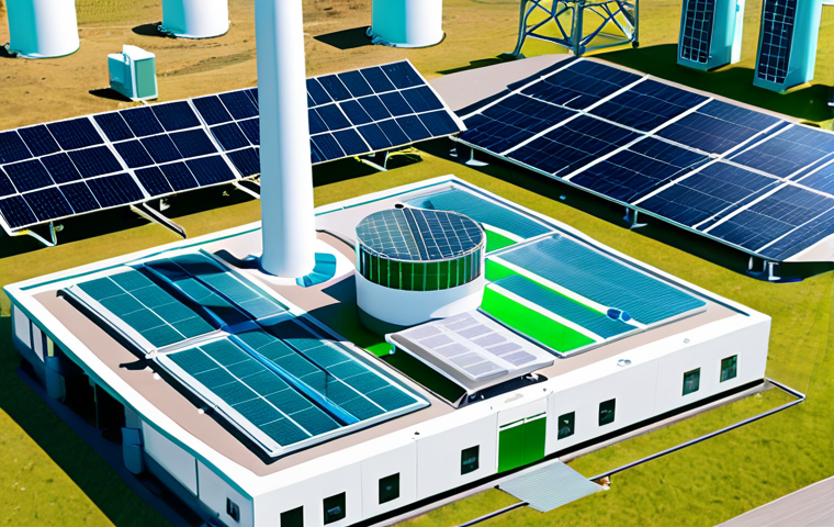 **
A futuristic green hydrogen production plant nestled amidst wind turbines and solar panels, showcasing advanced electrolyzer technology. Visual elements should highlight efficiency and renewable energy integration. The scene includes engineers in clean suits monitoring the process.
**