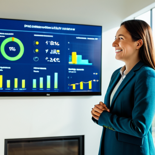 A diverse professional adult, wearing a modest business-casual outfit, stands in a bright, modern living space. Sunlight streams through a large window, illuminating a sleek digital display on a wall, which visualizes home energy consumption from renewable sources. The person looks thoughtfully at the screen, a subtle smile of satisfaction on their face, embodying eco-conscious values. fully clothed, appropriate attire, safe for work, perfect anatomy, correct proportions, natural pose, well-formed hands, proper finger count, professional photography, high quality, family-friendly content.