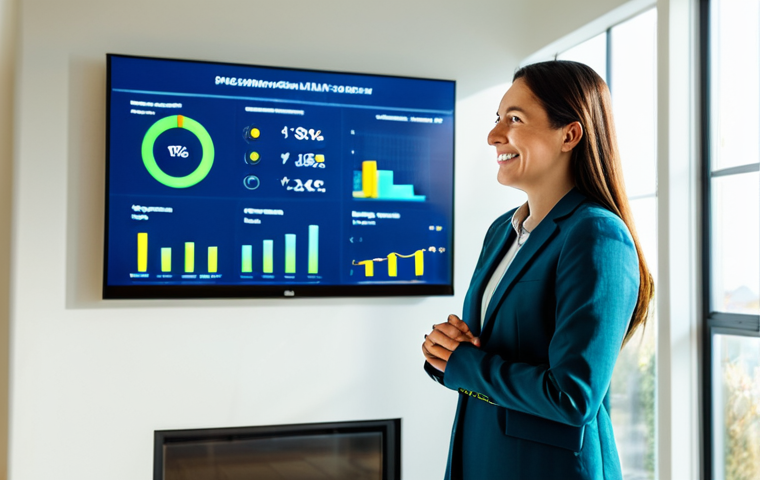 A diverse professional adult, wearing a modest business-casual outfit, stands in a bright, modern living space. Sunlight streams through a large window, illuminating a sleek digital display on a wall, which visualizes home energy consumption from renewable sources. The person looks thoughtfully at the screen, a subtle smile of satisfaction on their face, embodying eco-conscious values. fully clothed, appropriate attire, safe for work, perfect anatomy, correct proportions, natural pose, well-formed hands, proper finger count, professional photography, high quality, family-friendly content.