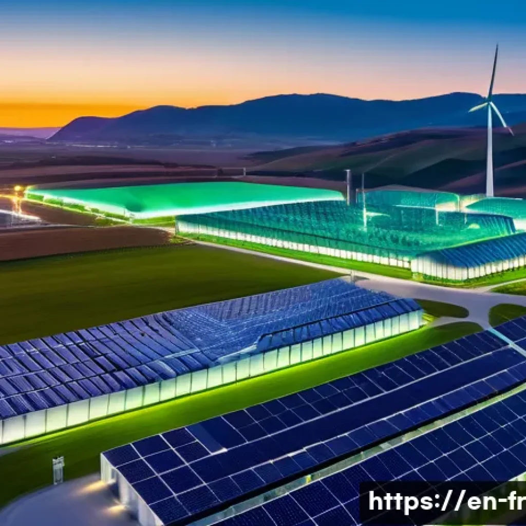 그린 수소와 에너지 안보 - A futuristic green hydrogen production facility at sunset, showcasing large solar panels and wind tu...
