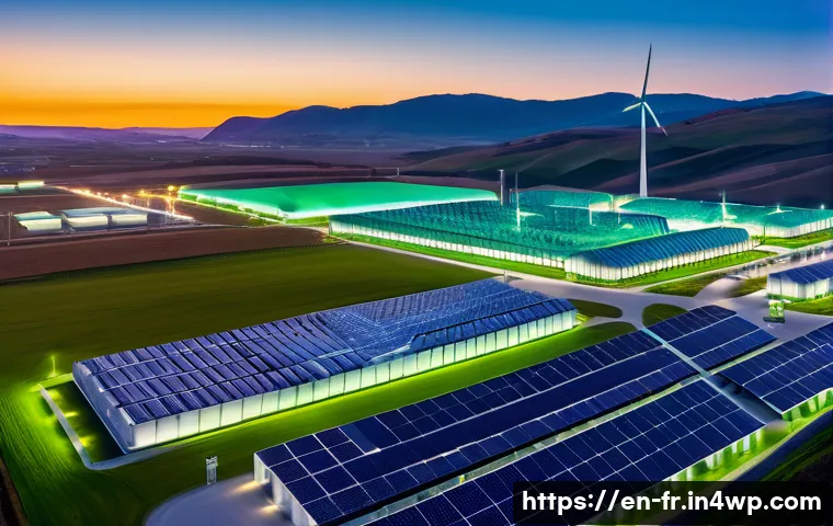 그린 수소와 에너지 안보 - A futuristic green hydrogen production facility at sunset, showcasing large solar panels and wind tu...