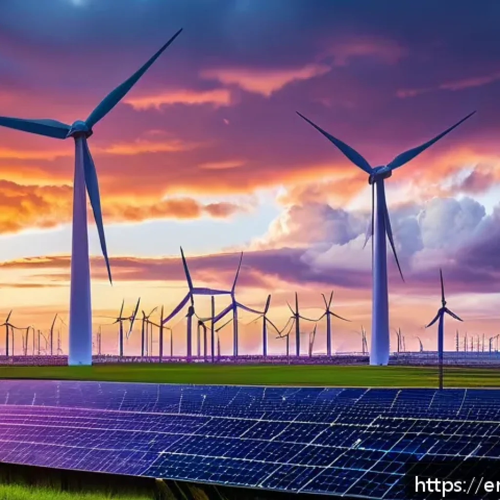 그린 수소의 환경적 이점 - A futuristic renewable energy facility at sunset featuring large solar panels and towering wind turb...