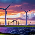 그린 수소의 환경적 이점 - A futuristic renewable energy facility at sunset featuring large solar panels and towering wind turb...