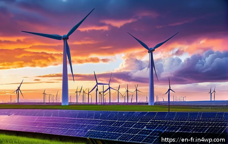 그린 수소의 환경적 이점 - A futuristic renewable energy facility at sunset featuring large solar panels and towering wind turb...