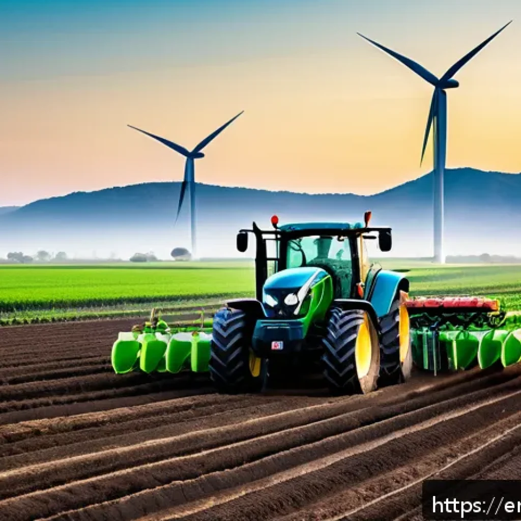 그린 수소와 농업 분야의 접목 - A modern sustainable farm landscape at sunrise featuring advanced hydrogen-powered tractors and irri...