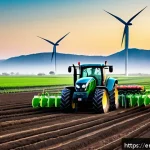 그린 수소와 농업 분야의 접목 - A modern sustainable farm landscape at sunrise featuring advanced hydrogen-powered tractors and irri...