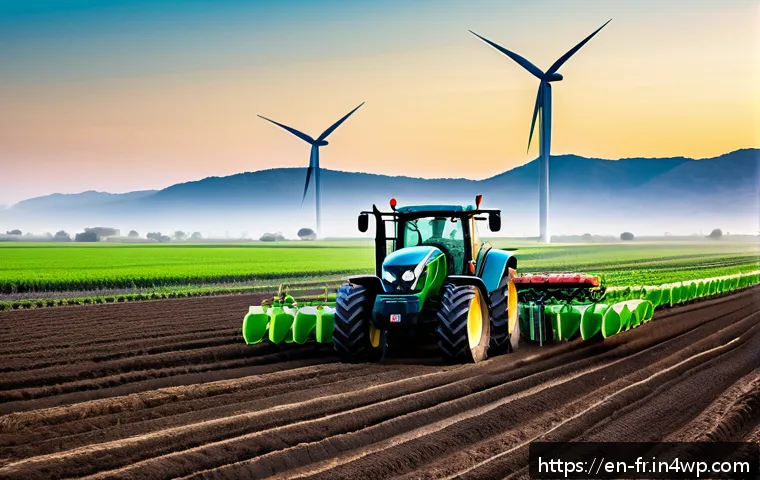 그린 수소와 농업 분야의 접목 - A modern sustainable farm landscape at sunrise featuring advanced hydrogen-powered tractors and irri...