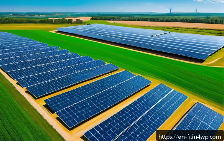 그린 수소의 생애 주기 분석 - A futuristic green hydrogen production facility set in a sunny, open landscape with large solar pane...