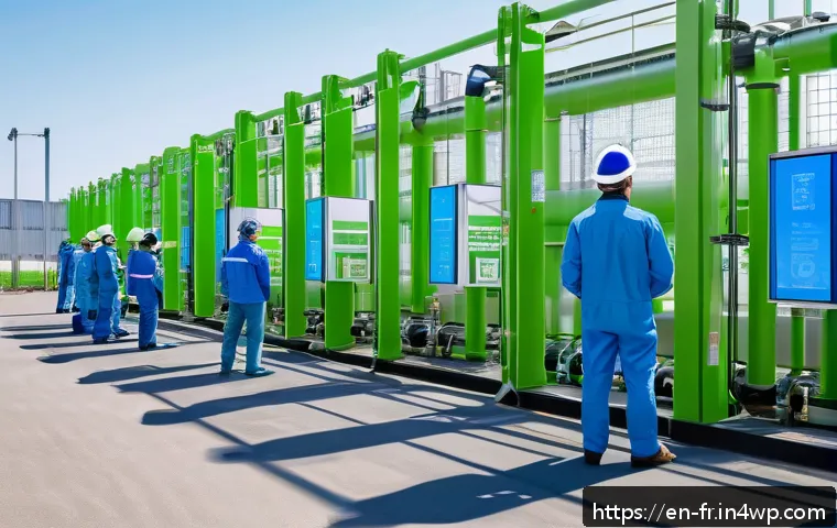 그린 수소 경제의 법적 환경 - A high-tech green hydrogen production facility set in a clean, modern industrial park during daytime...