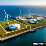 그린 수소의 혁신적 접근법 - Photorealistic aerial view of a groundbreaking green hydrogen facility beside a windswept coastal wi...