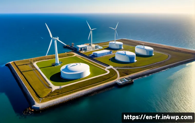 그린 수소의 혁신적 접근법 - Photorealistic aerial view of a groundbreaking green hydrogen facility beside a windswept coastal wi...