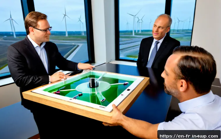 그린 수소 경제의 기업 전략 - Photorealistic corporate strategy meeting in a modern American clean-energy headquarters, diverse ex...