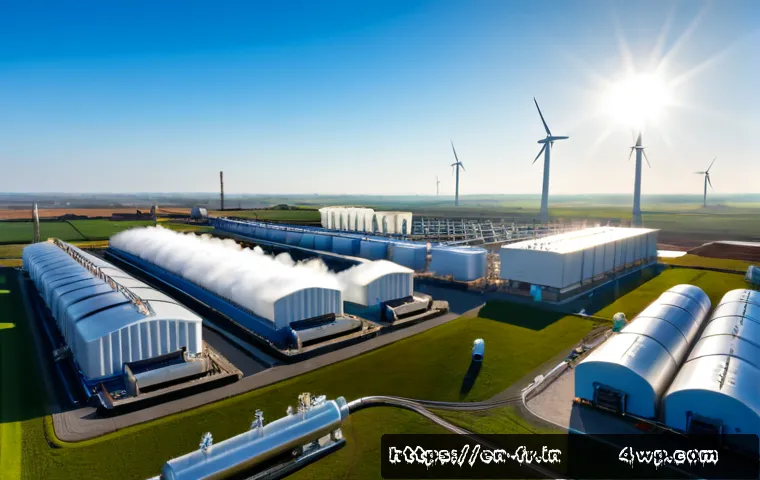 그린 수소의 ETI  Energy Transition Initiative  보급 - Photorealistic wide-angle view of a modern green hydrogen production facility beside a wind farm and...